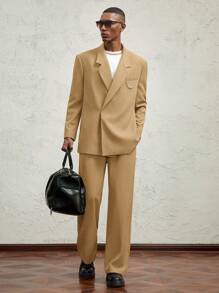 AKNOTIC Formal Blazer Pria Anyaman Tali Lebar dengan Rantai Logam Longgar, Kasual, Kerah Lebar, Bagian Depan Terbuka, Warna Cokelat Muda, untuk Musim Gugur dan Musim Dingin - Coklat - View 4
