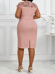 SHEIN Lady Plus Size Elegant Solid Color Lace Patchwork Bodycon Dress For Party - Pink - View 2