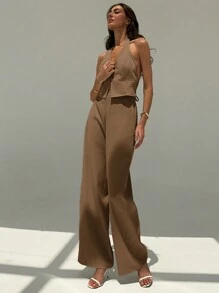 Aloruh Bộ 2 món áo hở lưng cổ chữ V sâu không tay và quần ống rộng, bộ đồ phong cách quý cô thanh lịch cho công sở, đi làm, dạo phố, làm thon gọn và tăng chiều cao, xuân/hè - Lạc đà - Xem 5