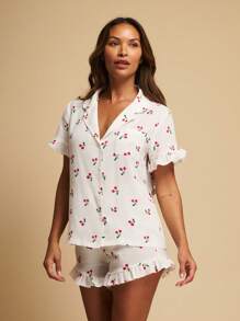 TryMe Set de pijamale cu mânecă scurtă, cu volane, cu guler, cu imprimeu cireș