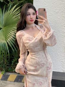 DAZY 女士全印花腰部收腰中长连衣裙花卉、荷叶边、秋季连衣裙长袖连衣裙 - 米色 - 查看 2