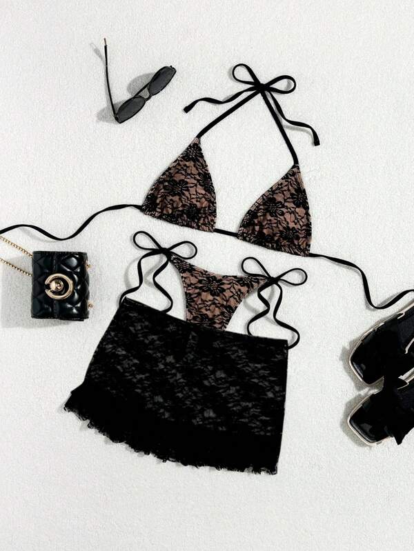 Swim Vcay Set da 3 pezzi per l'estate: minigonna nera sexy in pizzo con volant, reggiseno a triangolo e perizoma del bikini