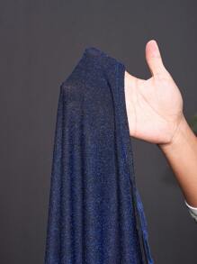 Slaydiva 情人节和优雅派对场合合身纯蓝色单肩长袖高开叉抽绳金属透明面料连衣裙，适合大码女士，春秋 - M