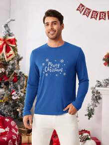 Manfinity NXTstreet Camiseta de manga larga casual de cuello redondo ajustada para hombres, adecuada para otoño, Navidad, parejas, familia, fiesta - Azul - Ver 6