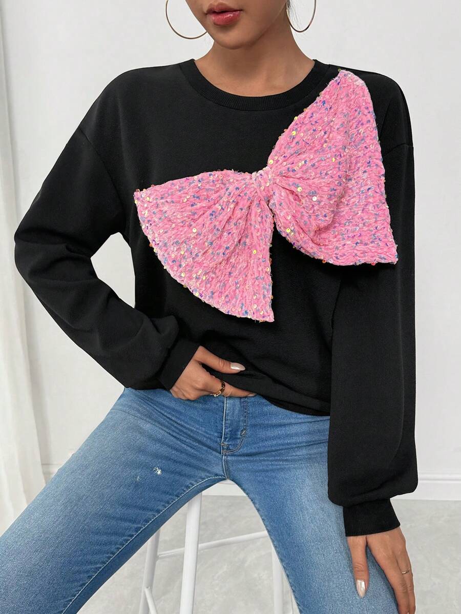 Chiquease Women's 2024 New Arrival Sequins Bowknot Design Casual Long Sleeve Sweatshirt Pullover Fall