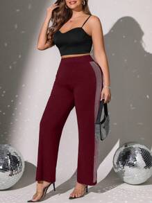 SHEIN Clasi 大码女式闪光侧水钻拼接宽松针织阔腿裤，修身百搭，优雅