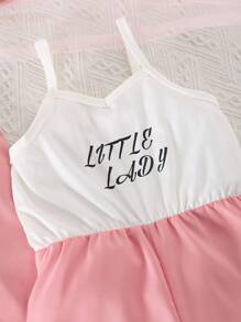 SHEIN 年轻女孩优雅简约翻领无袖纯色外套和无袖字母印花短款连体衣两件套，夏季