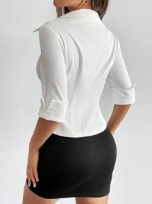 Chiquease Women Casual Solid Color Body-Fitting V-Neck Half Sleeve Blouse - White - View 2