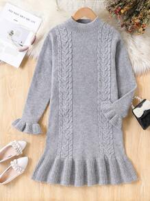 SHEIN Tween Girls' Fashionable New High Collar Ruffle Trim Knit Sweater Dress, Suitable For Spring & Autumn - Light Grey - View 1
