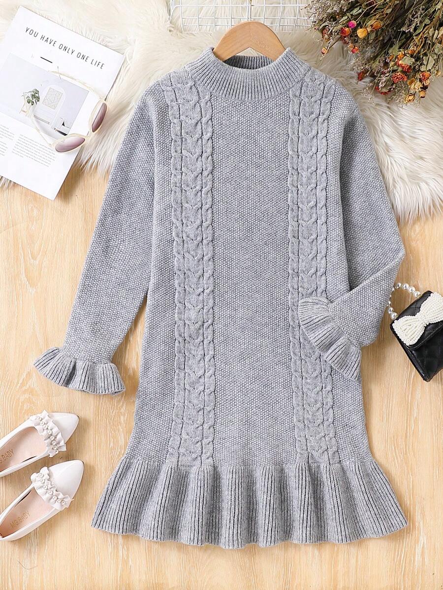 SHEIN Tween Girls' Fashionable New High Collar Ruffle Trim Knit Sweater Dress, Suitable For Spring & Autumn - Light Grey - View 1