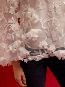 MOTF PREMIUM FLORAL APPLIQUED CONTRAST MESH BLOUSE,VALENTINE'S DAY,SPRING/SUMMER