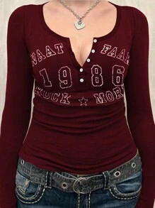 INAWLY Plus Size Front Button Long Sleeve Letter Print Simple T-Shirt, Casual Daily Wear Fall Cloth For Women - Burgundy - View 4