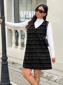 SHEIN Frenchy Plus Size Casual Minimalist Textured Print V-Neck Jumpsuit Dress - Multicolor - View 3