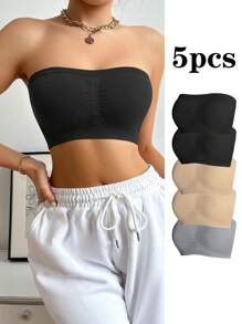 5pack Solid Ruched Bandeau Bra - Multicolor - View 1