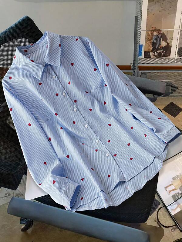Flirla Casual Loose Shirt Collar Long Sleeve Loose Shirt, Valentines, Rose, Heart, Polka Dot, Love, Lip, Cupid, 28D Floral