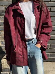 DAZY Veste décontractée rétro ample et fine pour femme, veste  pour l'automne - Rouge foncé - Voir 6