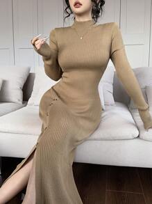 Feyla Women's Solid Color Stand Collar Long Sleeve Button Design Split Hem Fitted Long Sweater Dress, Autumn/Winter - Khaki - View 1