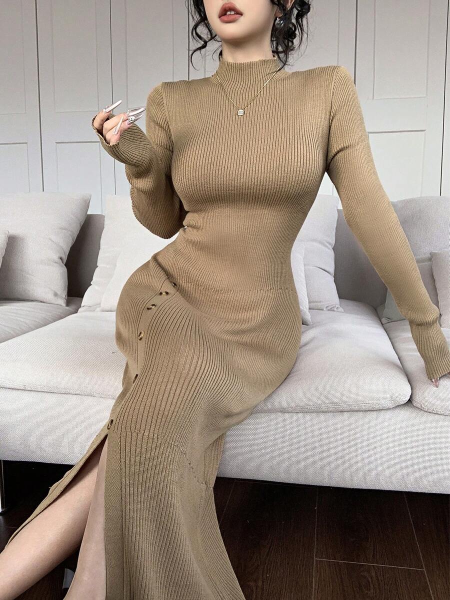 Feyla Women's Solid Color Stand Collar Long Sleeve Button Design Split Hem Fitted Long Sweater Dress, Autumn/Winter - Khaki - View 1
