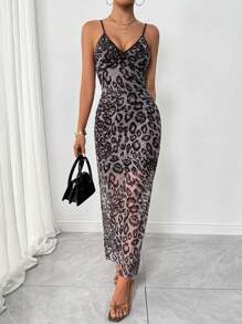 INAWLY Women's Leopard Print Fitted Elegant Slip Dress - Black and White - View 4
