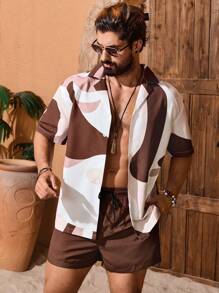 Manfinity VDAYZ Men's Geometric Print Short Sleeve Single-Breasted Shirt And Shorts Casual Beach Outfit,Hawaiian, Men Beach Wear Set, Men Bahama Outfit, Europe Summer Outfits For Men Set, Men Bathing Suit Set