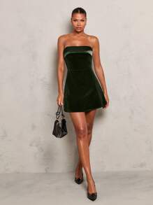 Glamine Đầm nhung mini không dây thanh lịch ôm vừa vặn dành cho nữ, ấm áp - xanh quân đội - Xem 1