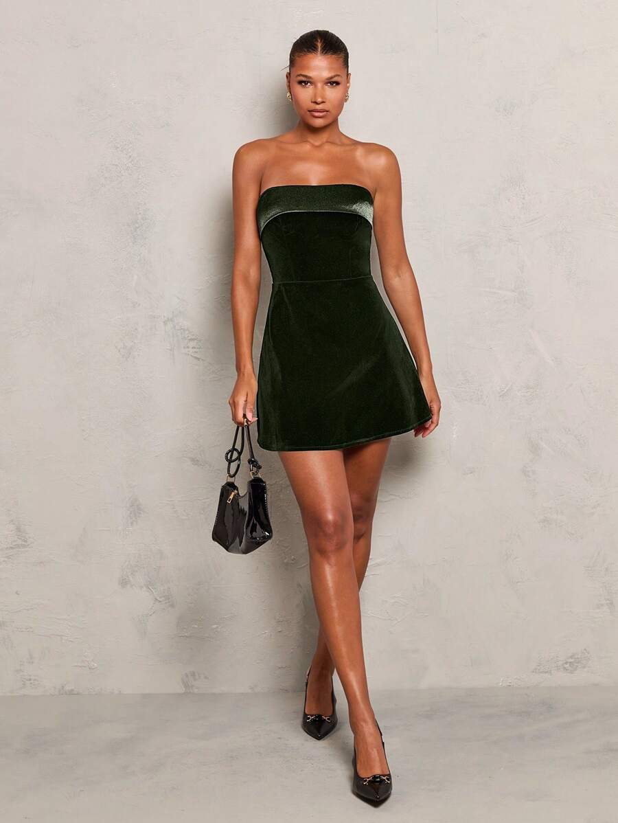 Glamine Đầm nhung mini không dây thanh lịch ôm vừa vặn dành cho nữ, ấm áp - xanh quân đội - Xem 1