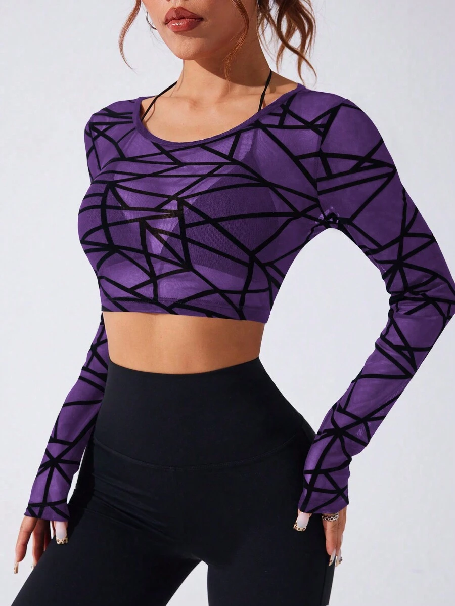 Women Round Neck Long Sleeve Geometric Pattern Casual Tops - Purple - View 1