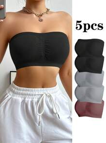 Women Solid Color Pleated Bandeau Bra Set Of 5 - Multicolor - View 5