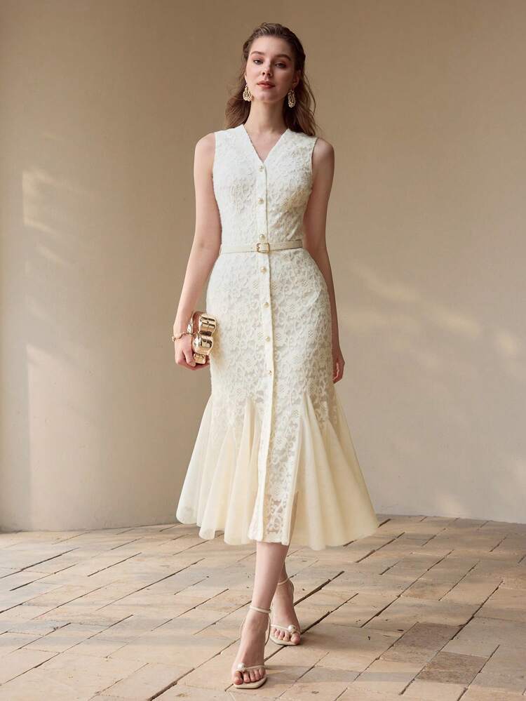 LACE CONTRAST MESH MERMAID HEM DRESS,SPRING/SUMMER
