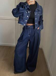DAZY Damen Lässig Denim Jacke kurz & Weite Bein Jeans Set, für den Herbst