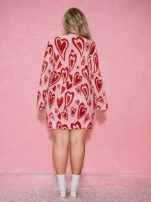 SHEIN EZwear Plus Size Women Round Neck Long Sleeve Casual Valentine's Day Heart Print Dress - Pink - View 4