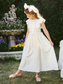 SHEIN 少女优雅简约丝带蝴蝶结腰部 A 字飘逸袖连衣裙，适合夏季和春季穿着，适合花童礼服，度假 - 白色 - 查看 2