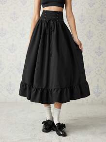 SHEIN MOD Falda negra con detalle de cintura anudada y bajo con volantes, vestimenta occidental para mujeres, faldas negras para mujeres, faldas largas negras vintage - Negro - Ver 1