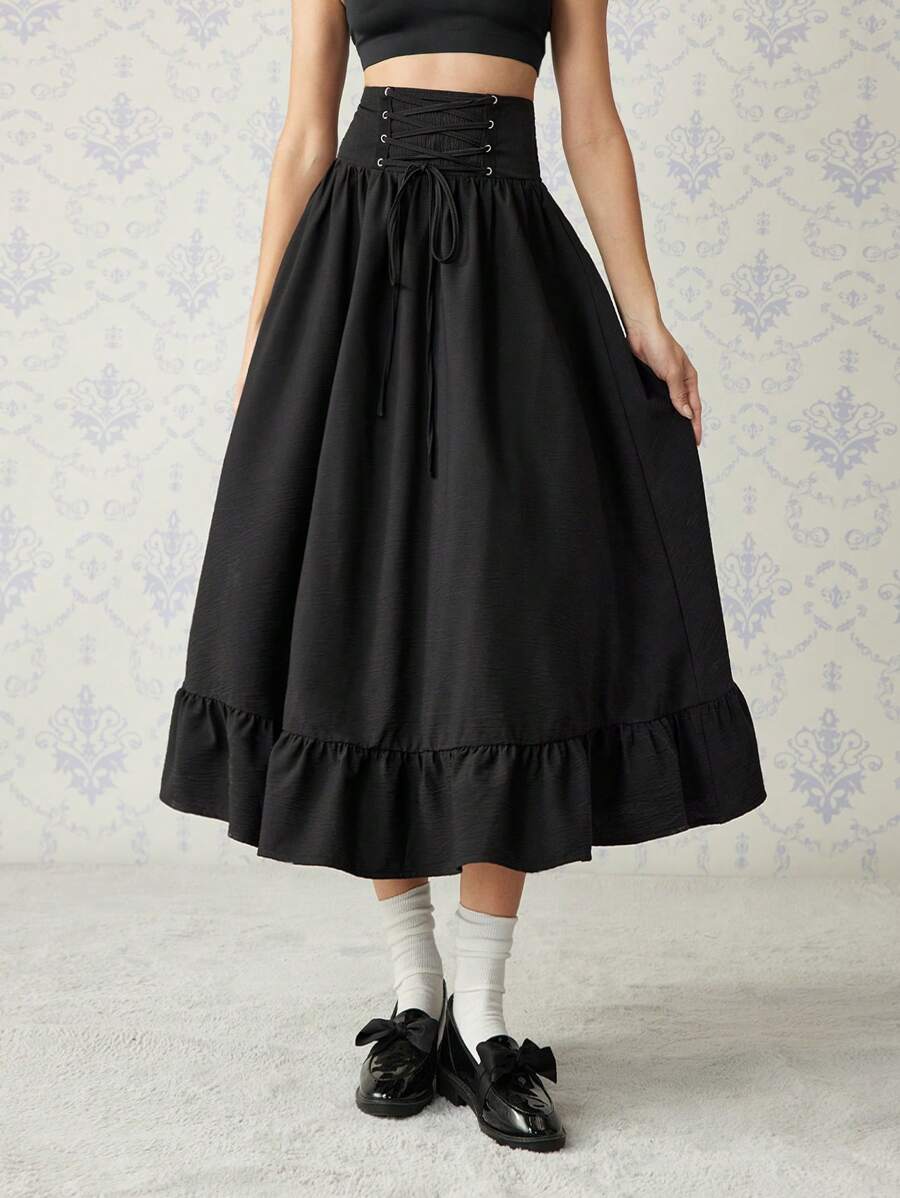 SHEIN MOD Falda negra con detalle de cintura anudada y bajo con volantes, vestimenta occidental para mujeres, faldas negras para mujeres, faldas largas negras vintage - Negro - Ver 1