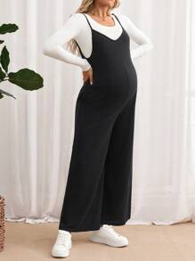 SHEIN Maternity Solid Color Ribbed Wide Leg Loose Casual Jumpsuit