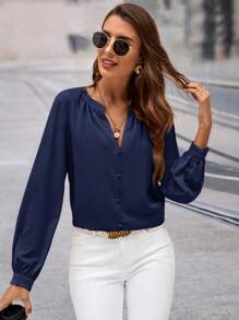 SHEIN Clasi 女士时尚百搭 V 领褶皱长袖衬衫，适合秋冬季通勤和休闲穿着 - 藏蓝色 - 查看 5