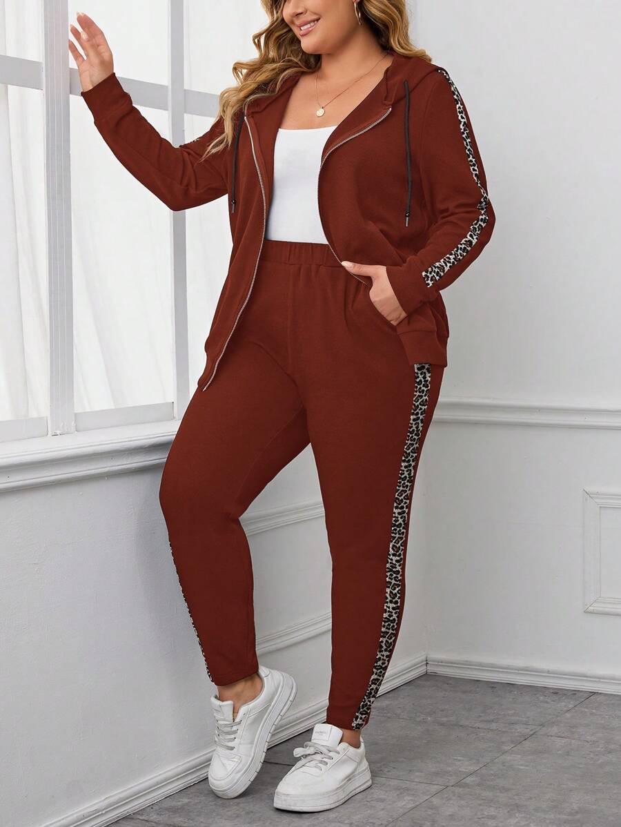 EMERY ROSE Plus Size Women Leopard Print Patchwork Long Sleeve Zip Up Hoodie & Pants Casual 2 Pieces Set - Rust Brown - View 1