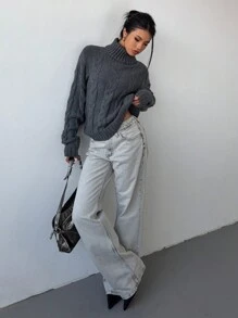 Aloruh 女士休闲优雅日常百搭灰色高领长袖粗针织毛衣，秋冬新品 - 灰色 - 查看 3