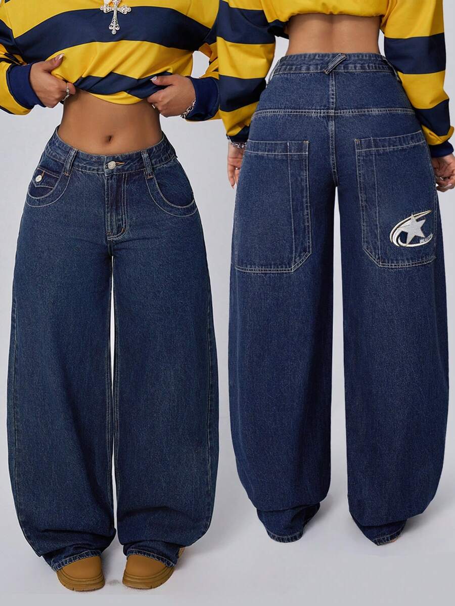 SHEIN Tall 女士休闲低腰刺绣水洗牛仔阔腿裤，带口袋 - 深色水洗藍 - 查看 1