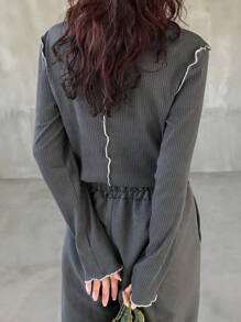 FRIFUL Women Autumn Round Neck Long Sleeve Ribbed Casual Versatile T-Shirt