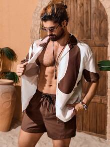 Manfinity VDAYZ Men's Geometric Print Short Sleeve Single-Breasted Shirt And Shorts Casual Beach Outfit,Hawaiian, Men Beach Wear Set, Men Bahama Outfit, Europe Summer Outfits For Men Set, Men Bathing Suit Set