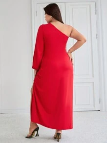 SHEIN Unity Plus Size Open Shoulder Lantern Sleeve Long Dress With High Slit, Flared Hem, Elegant French Style Red Dress Maxi Women Outfit - Red - View 2