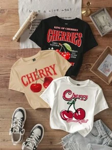SHEIN EZwear 3 件套休闲简约樱桃印花圆领长袖短款紧身 T 恤女款夏季 - 彩色 - 查看 1