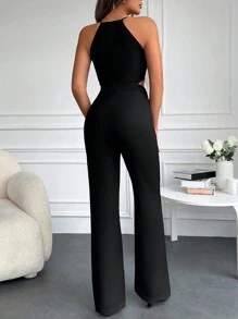 EURMUSE Solid Flare Leg Cami Jumpsuit - Black - View 2