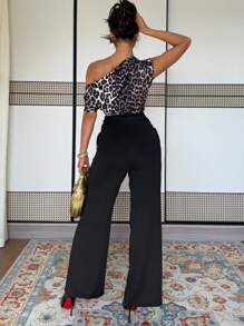 Chiquease Fashionable Party Leopard Print Patchwork Asymmetric Collar Skinny Jumpsuit - Black - View 2
