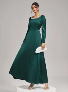 SHEIN Belle New Elegant Solid Color Beaded Decor Long Sleeve Waist Cinching Slim Fit Dress Luxury Evening Gown, Sequin And Pearl Cuff Design, Elegant Party Dress For Ladies, Long Sleeve Formal Dress, For Wedding Guest, Graduation, Dinner, Prom Dress