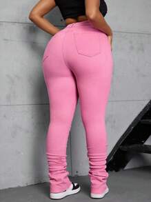 SHEIN CURVE+ Plus Size Women Bohemian Pink Stretch Denim Skinny Ripped Jeans Summer Outfits For Women Festival Outfits Pink Jeans - Pink - View 2