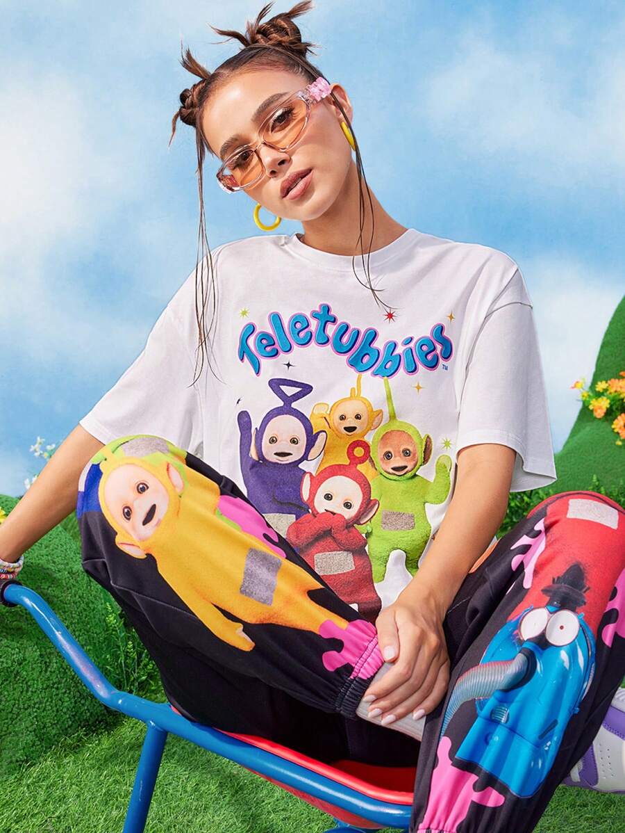 Teletubbies X SHEIN 冬季白色 Tinky Winky、Dipsy、Laa-Laa、Po、超宽松休闲可爱 T 恤、圣诞节、新年 - 白色 - 查看 1