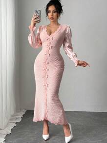 Rafferiza Vestido ajustado de manga larga con cuello en V, decorado con encaje rosa, parches, mariposa y perlas falsas, romántico para una cita/Día de San Valentín - Rosa - Ver 3