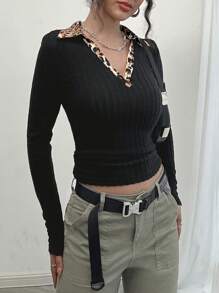 INAWLY Y2K Chic V-Neck Leopard Print Spliced Oversized Ribbed Knit Long Sleeve T-Shirt Fall Cloth For Women - Black - View 5